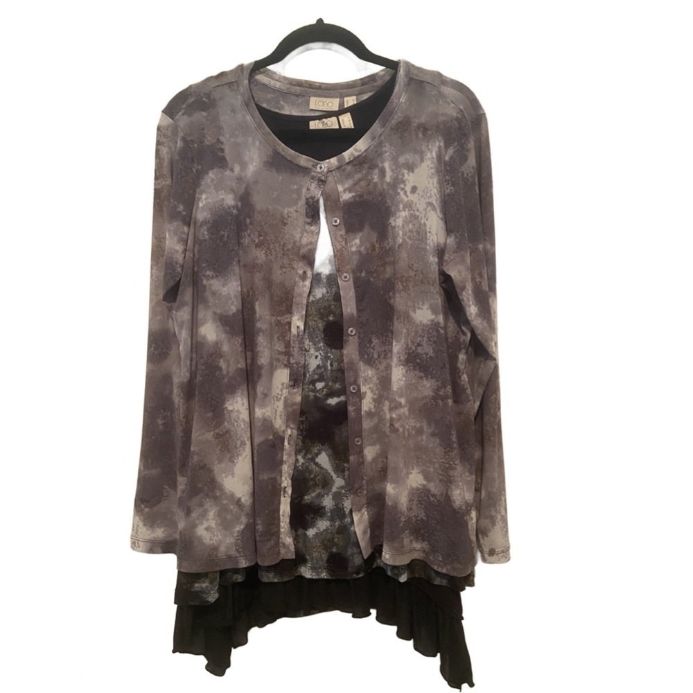 LOGO by Lori Goldstein Cardigan & Tanks 3 PC Set Black Gray Tie Dye M Bohemian